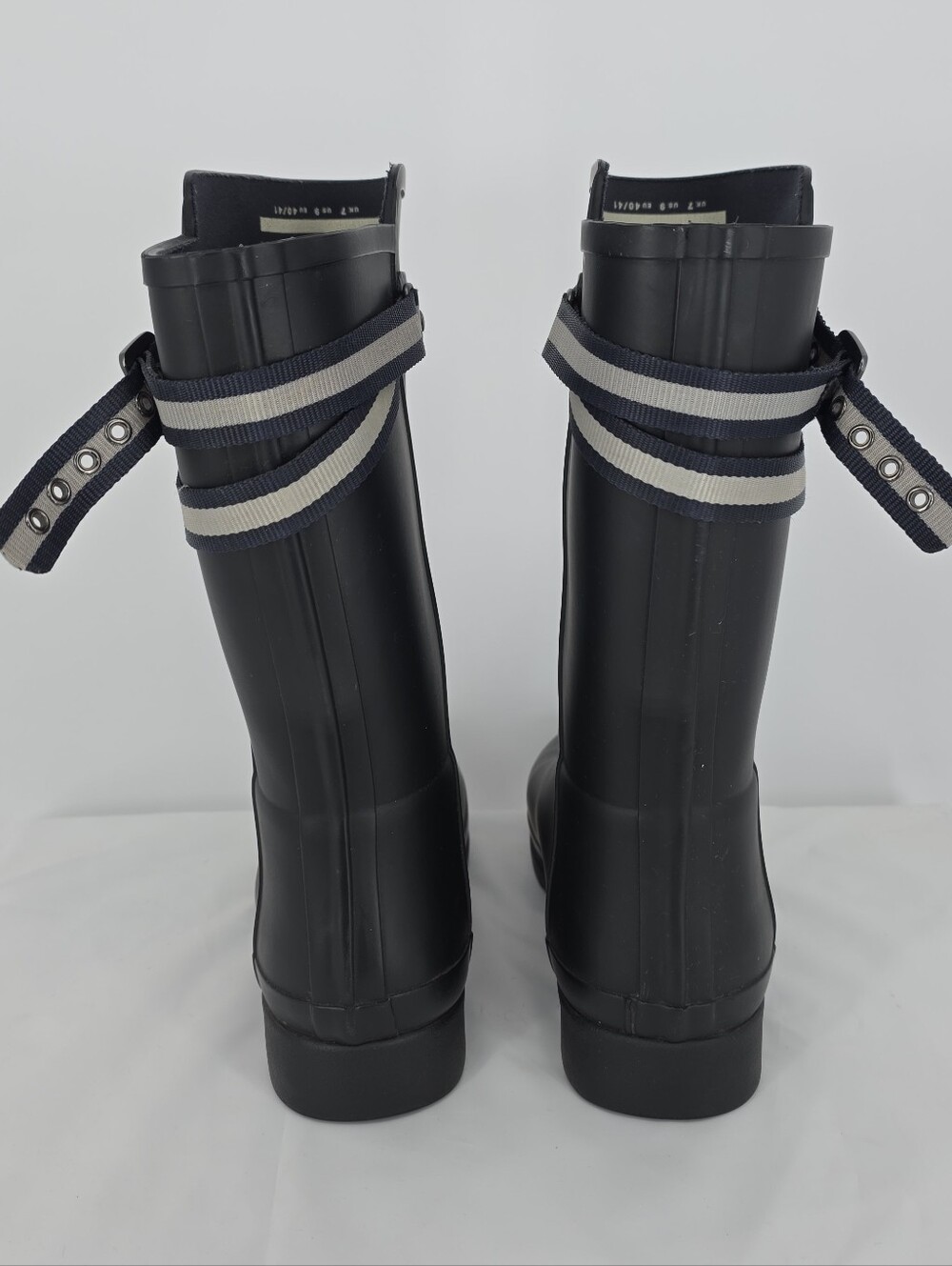 Hunter Womens 9 Black Rain Boots Striped Buckle Waterproof Rubber Wellies - Picture 5 of 11
